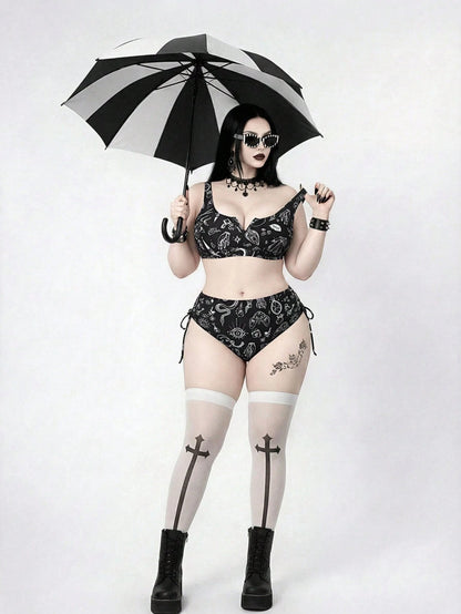 ROMWE 2026 New Plus Size Goth Swimsuit For Women,Punk Style Dark Print Tankini High Waist Bikini 2 Pieces Set,Mysterious Retro Black N White Beach Swimwear