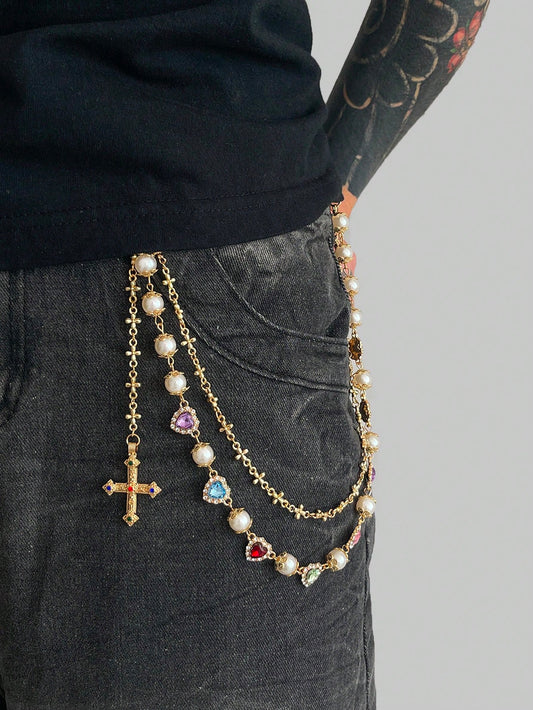 ROMWE Fairycore 1pc Vintage Elegant Minimalist Multi-Color Crystal & Faux Pearl Pants Chain, Men Punk Hip Hop Cross Body Chain, For Pants Decoration