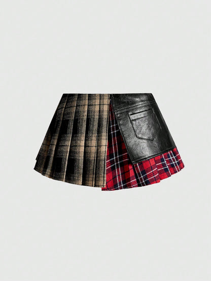 ROMWE Grunge Punk Women's Kpop Asymmetric Hem Plaid Patchwork Skirt