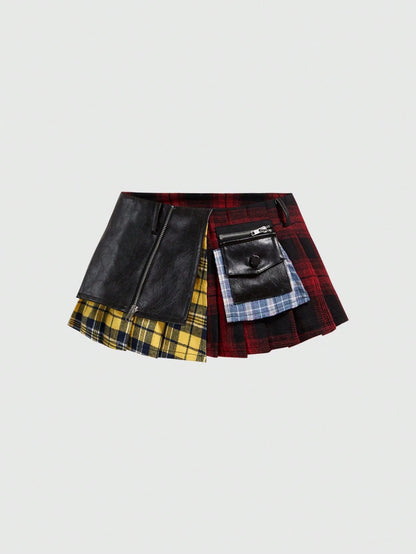 ROMWE Grunge Punk Women's Kpop Asymmetric Hem Plaid Patchwork Skirt