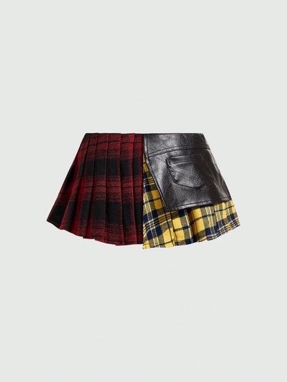ROMWE Grunge Punk Women's Kpop Asymmetric Hem Plaid Patchwork Skirt