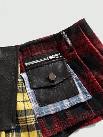 ROMWE Grunge Punk Women's Kpop Asymmetric Hem Plaid Patchwork Skirt