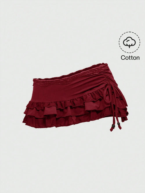 ROMWE Grunge Punk Women Spring Summer Low-Waist Lace Trim Layered Ruffle Tie-Up Asymmetric Ruched Red Mini Skirt