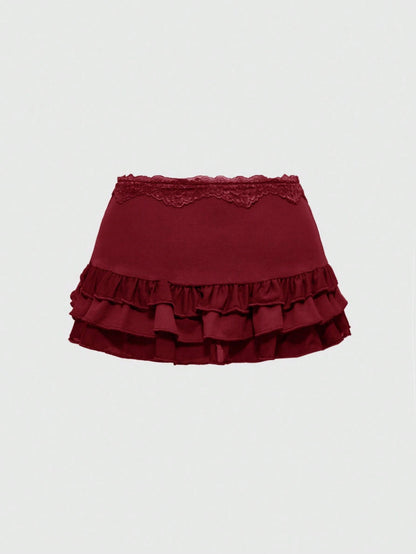 ROMWE Grunge Punk Women Spring Summer Low-Waist Lace Trim Layered Ruffle Tie-Up Asymmetric Ruched Red Mini Skirt