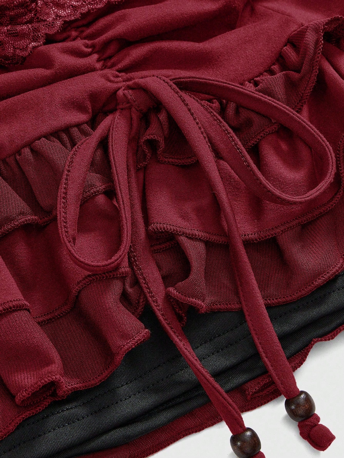 ROMWE Grunge Punk Women Spring Summer Low-Waist Lace Trim Layered Ruffle Tie-Up Asymmetric Ruched Red Mini Skirt
