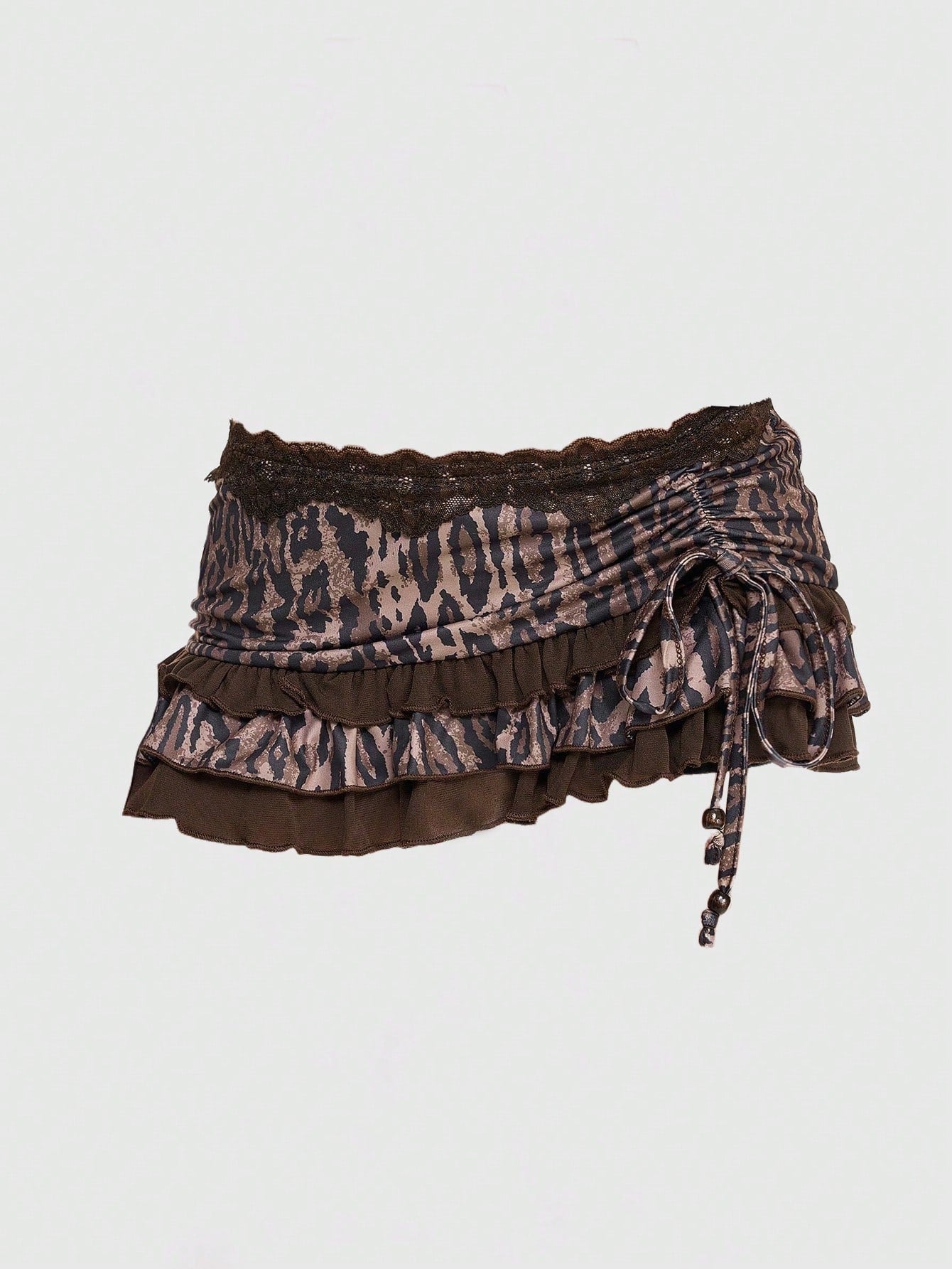 ROMWE Grunge Punk Women Spring Summer Low-Waist Lace Trim Layered Ruffle Tie-Up Asymmetric Ruched Red Mini Skirt