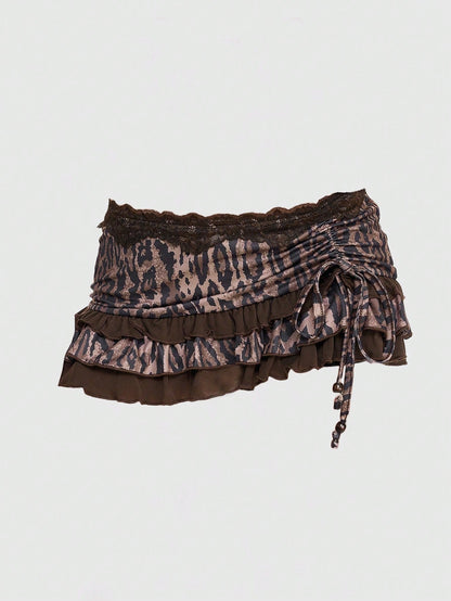 ROMWE Grunge Punk Women Spring Summer Low-Waist Lace Trim Layered Ruffle Tie-Up Asymmetric Ruched Red Mini Skirt