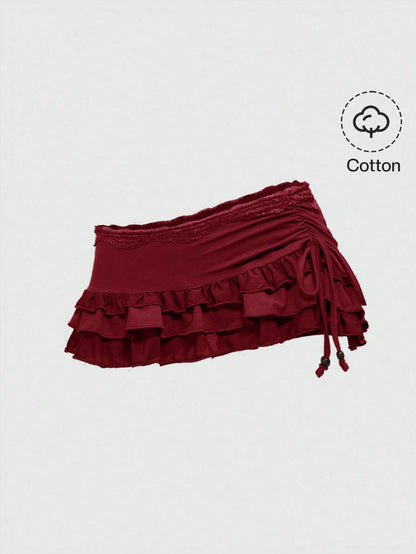 ROMWE Grunge Punk Women Spring Summer Low-Waist Lace Trim Layered Ruffle Tie-Up Asymmetric Ruched Red Mini Skirt