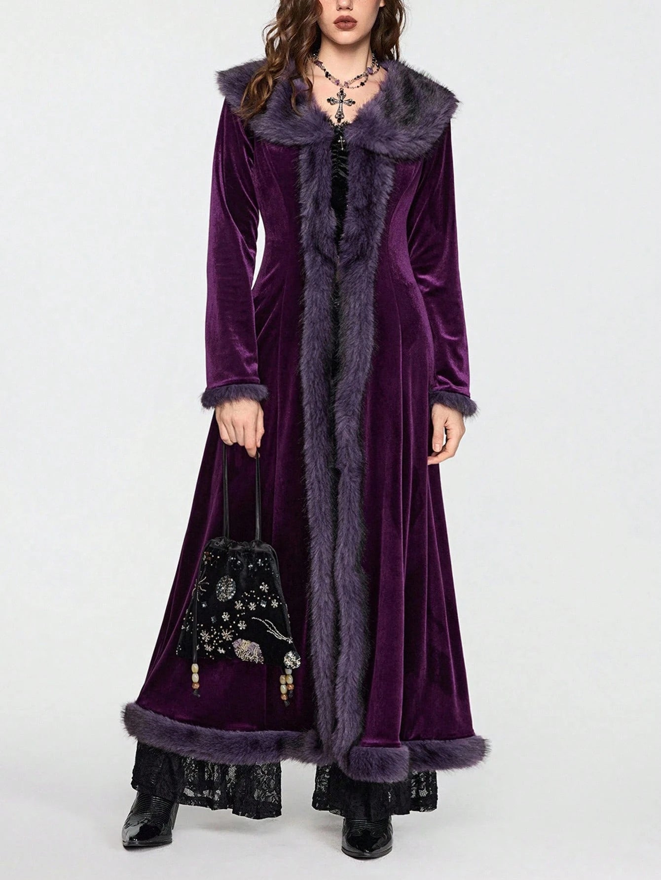 ROMWE Hippie Gothic Mysterious Dark Night Witch Style Vintage Plush Plush Patchwork Open Front Long Plus Size Women Cardigan Coat, Purple Maxi Length Plus Size Outerwear
