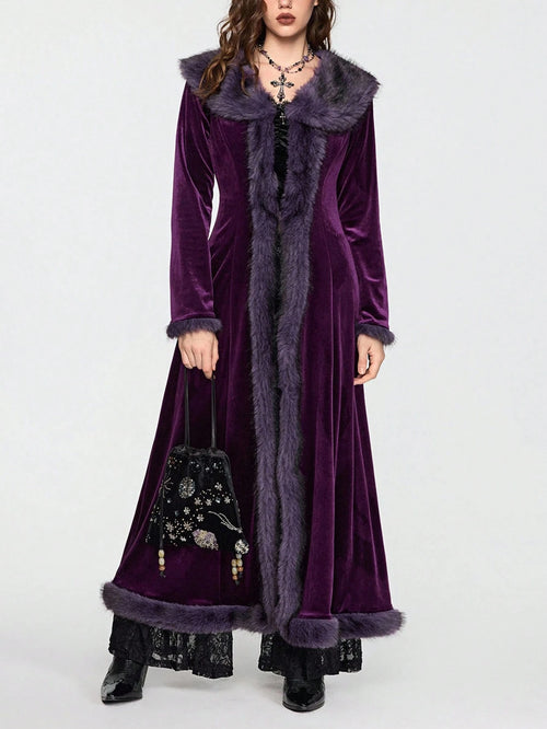 ROMWE Hippie Gothic Mysterious Dark Night Witch Style Vintage Plush Plush Patchwork Open Front Long Plus Size Women Cardigan Coat, Purple Maxi Length Plus Size Outerwear