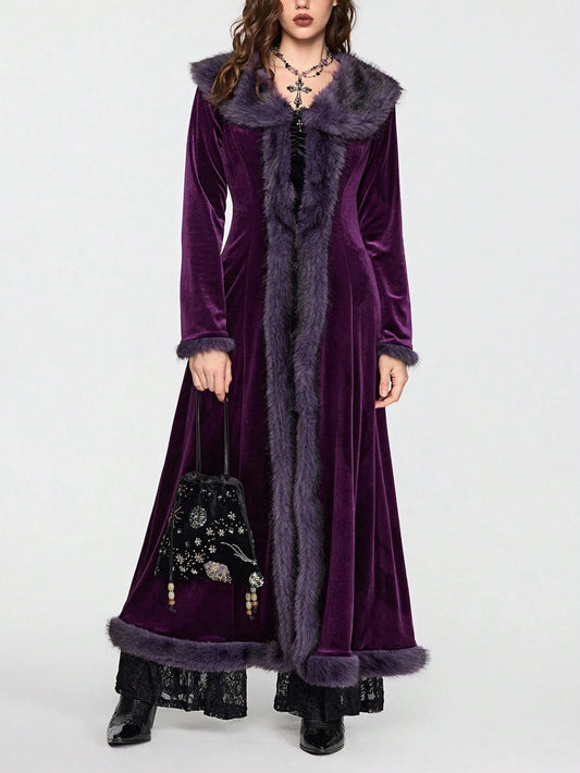 ROMWE Hippie Gothic Mysterious Dark Night Witch Style Vintage Plush Plush Patchwork Open Front Long Plus Size Women Cardigan Coat, Purple Maxi Length Plus Size Outerwear