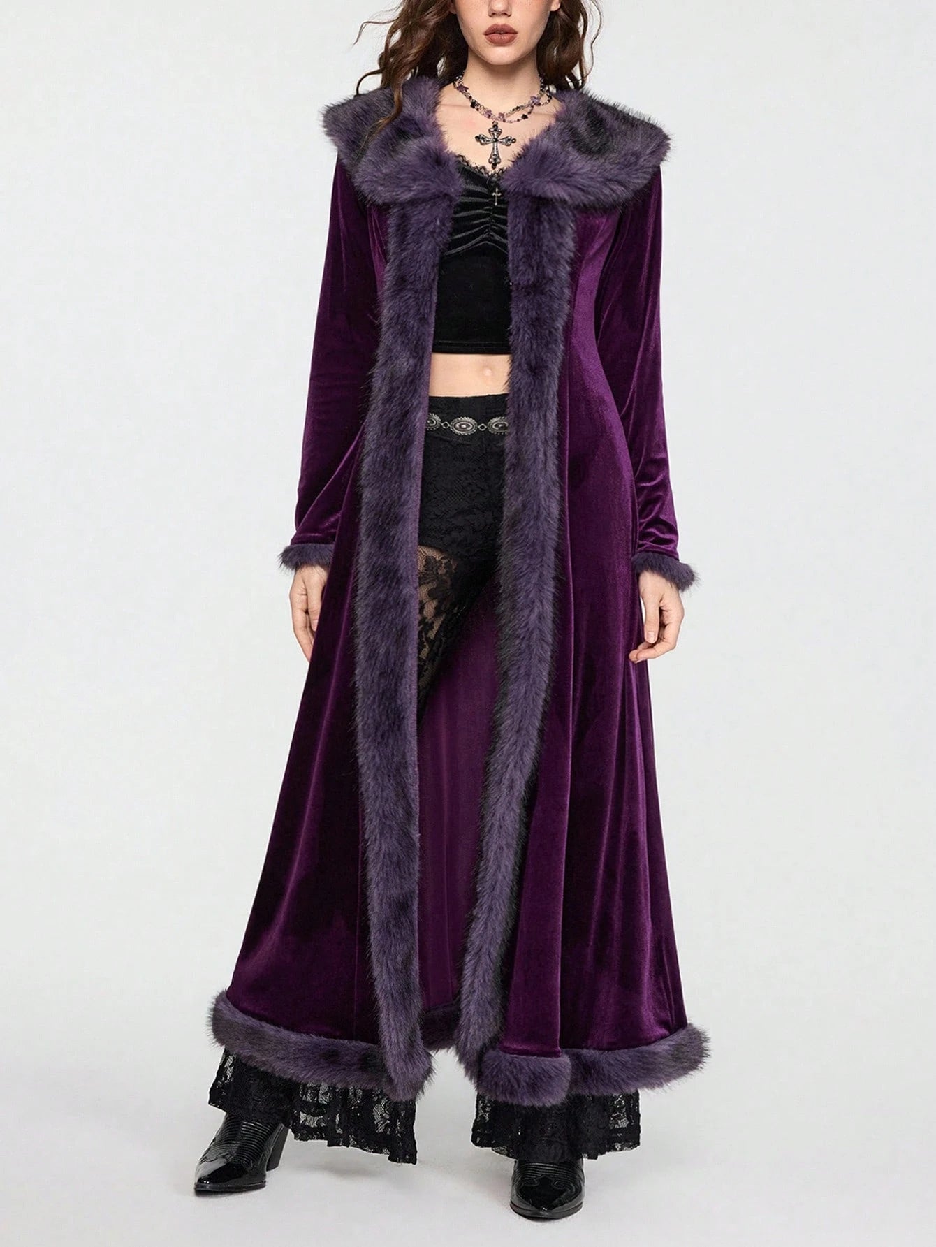 ROMWE Hippie Gothic Mysterious Dark Night Witch Style Vintage Plush Plush Patchwork Open Front Long Plus Size Women Cardigan Coat, Purple Maxi Length Plus Size Outerwear