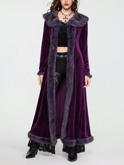 ROMWE Hippie Gothic Mysterious Dark Night Witch Style Vintage Plush Plush Patchwork Open Front Long Plus Size Women Cardigan Coat, Purple Maxi Length Plus Size Outerwear