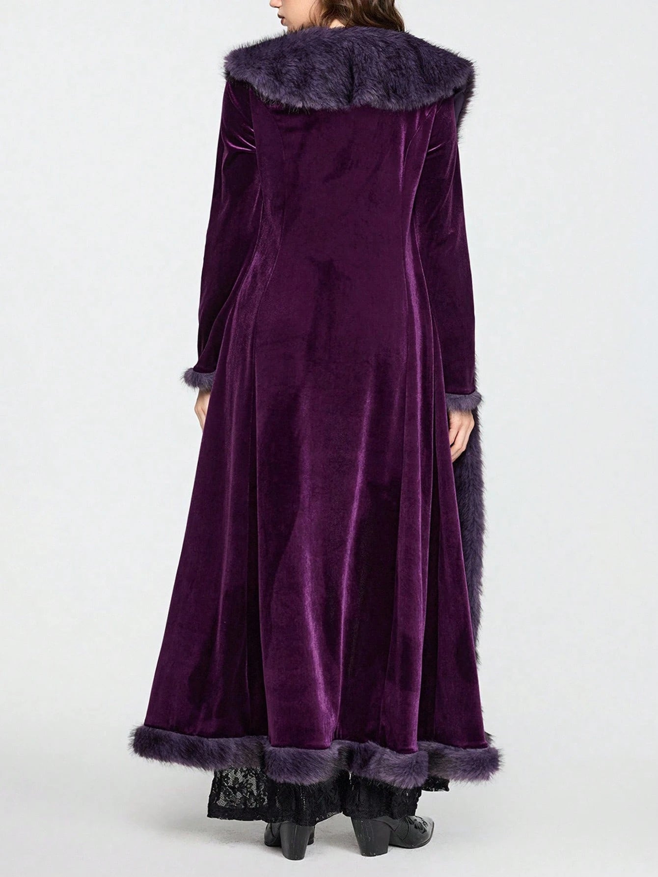 ROMWE Hippie Gothic Mysterious Dark Night Witch Style Vintage Plush Plush Patchwork Open Front Long Plus Size Women Cardigan Coat, Purple Maxi Length Plus Size Outerwear