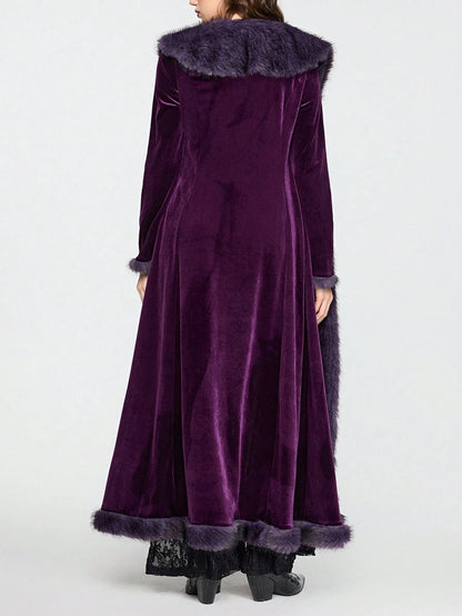 ROMWE Hippie Gothic Mysterious Dark Night Witch Style Vintage Plush Plush Patchwork Open Front Long Plus Size Women Cardigan Coat, Purple Maxi Length Plus Size Outerwear