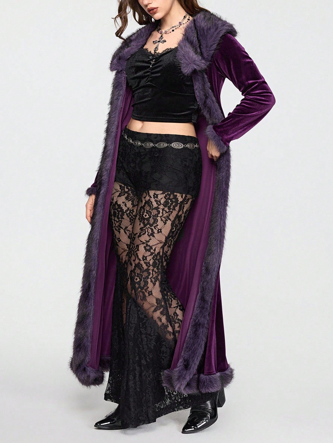 ROMWE Hippie Gothic Mysterious Dark Night Witch Style Vintage Plush Plush Patchwork Open Front Long Plus Size Women Cardigan Coat, Purple Maxi Length Plus Size Outerwear