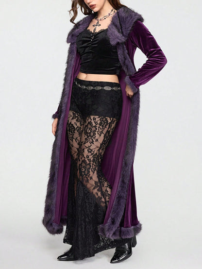 ROMWE Hippie Gothic Mysterious Dark Night Witch Style Vintage Plush Plush Patchwork Open Front Long Plus Size Women Cardigan Coat, Purple Maxi Length Plus Size Outerwear
