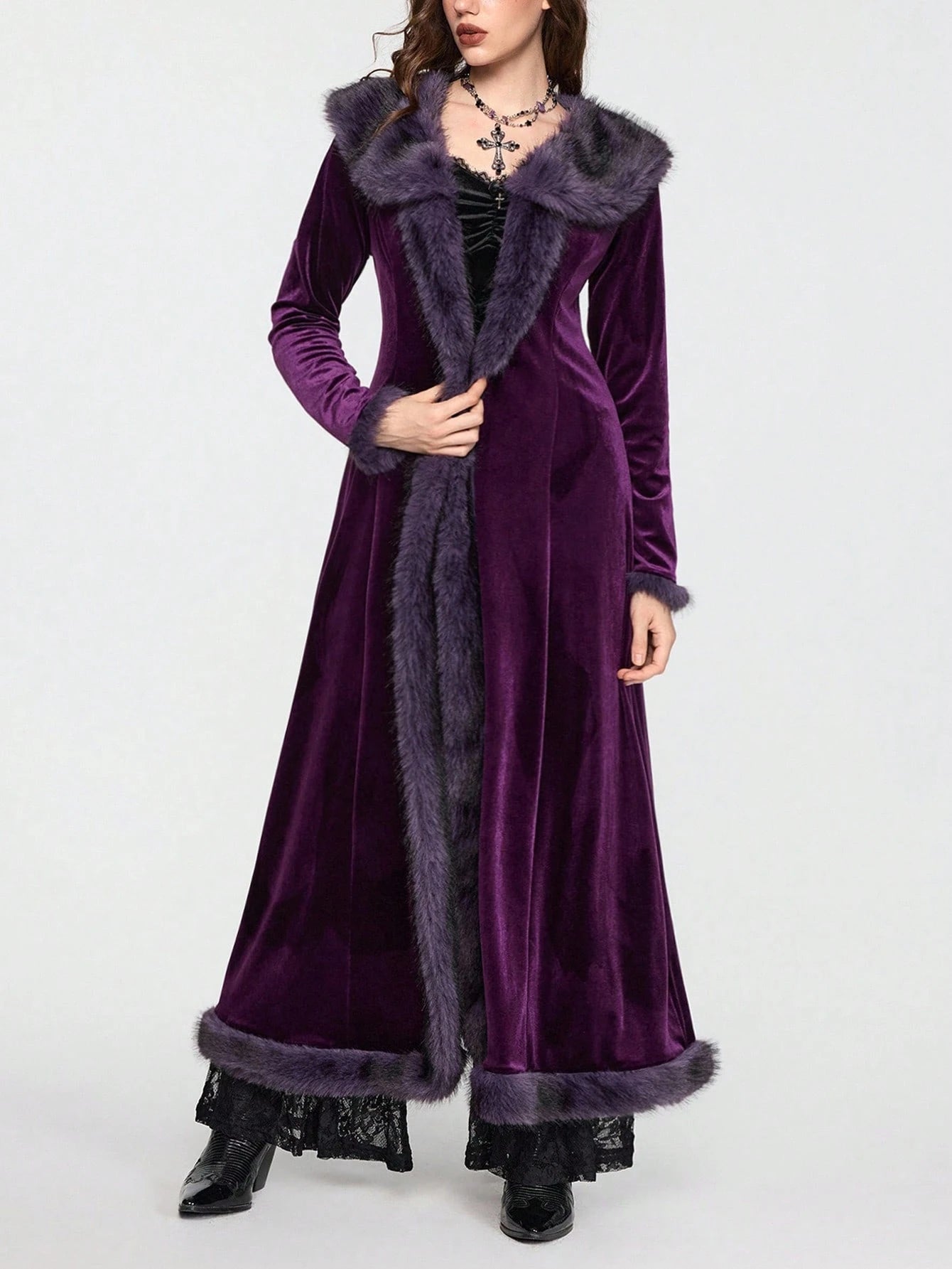 ROMWE Hippie Gothic Mysterious Dark Night Witch Style Vintage Plush Plush Patchwork Open Front Long Plus Size Women Cardigan Coat, Purple Maxi Length Plus Size Outerwear