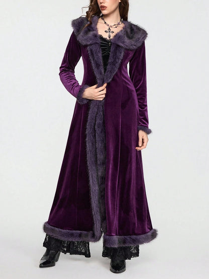 ROMWE Hippie Gothic Mysterious Dark Night Witch Style Vintage Plush Plush Patchwork Open Front Long Plus Size Women Cardigan Coat, Purple Maxi Length Plus Size Outerwear
