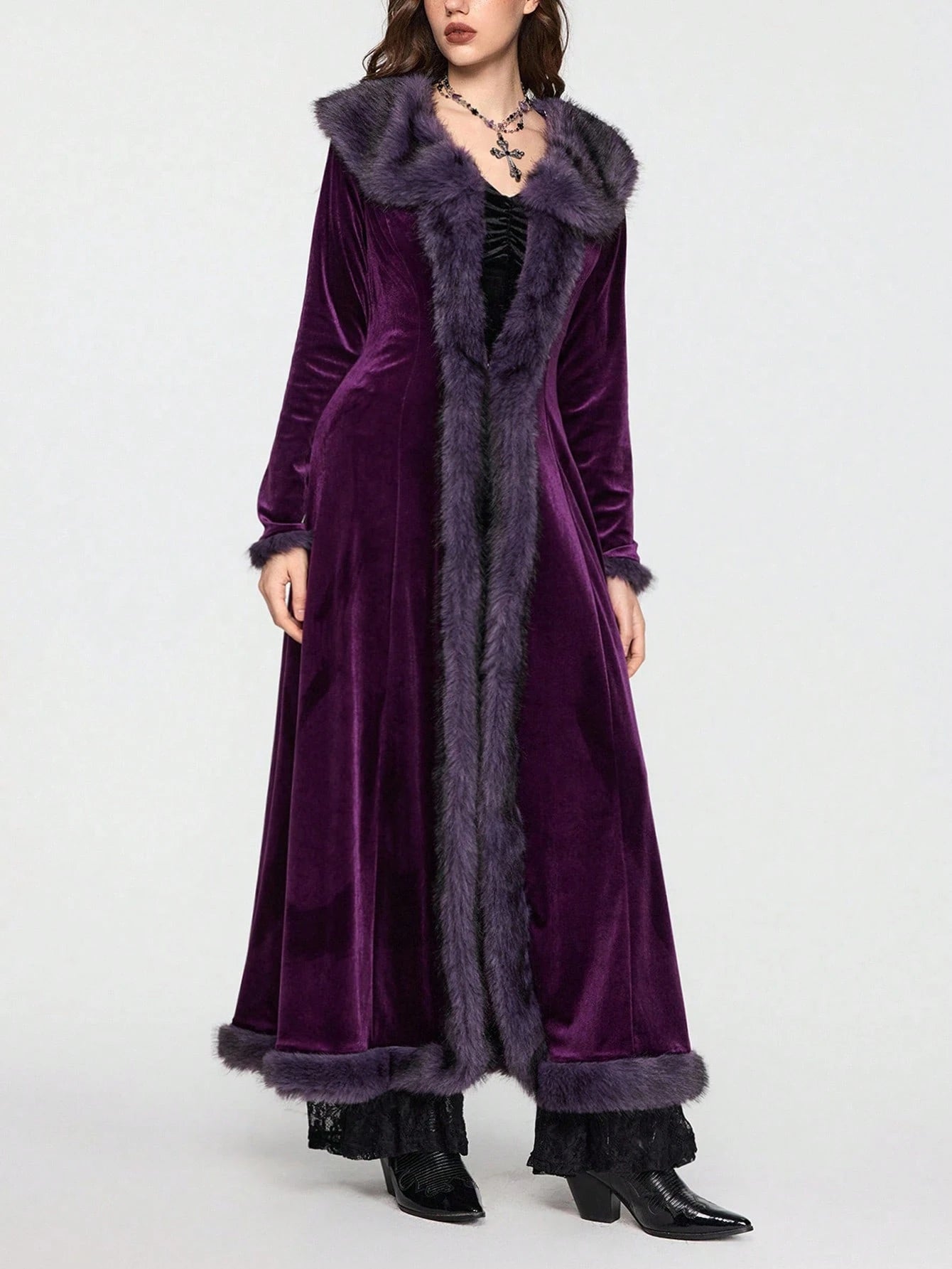 ROMWE Hippie Gothic Mysterious Dark Night Witch Style Vintage Plush Plush Patchwork Open Front Long Plus Size Women Cardigan Coat, Purple Maxi Length Plus Size Outerwear