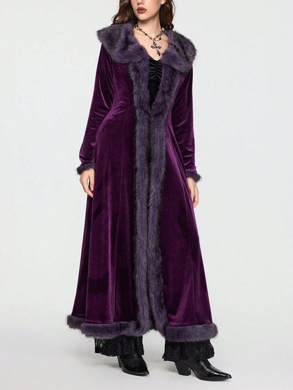 ROMWE Hippie Gothic Mysterious Dark Night Witch Style Vintage Plush Plush Patchwork Open Front Long Plus Size Women Cardigan Coat, Purple Maxi Length Plus Size Outerwear