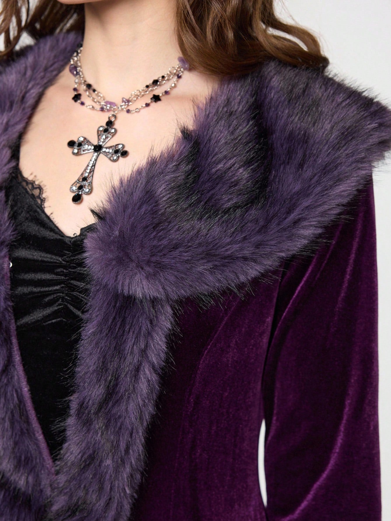 ROMWE Hippie Gothic Mysterious Dark Night Witch Style Vintage Plush Plush Patchwork Open Front Long Plus Size Women Cardigan Coat, Purple Maxi Length Plus Size Outerwear
