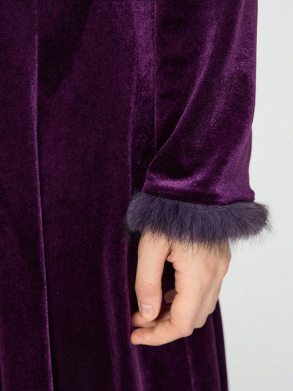 ROMWE Hippie Gothic Mysterious Dark Night Witch Style Vintage Plush Plush Patchwork Open Front Long Plus Size Women Cardigan Coat, Purple Maxi Length Plus Size Outerwear