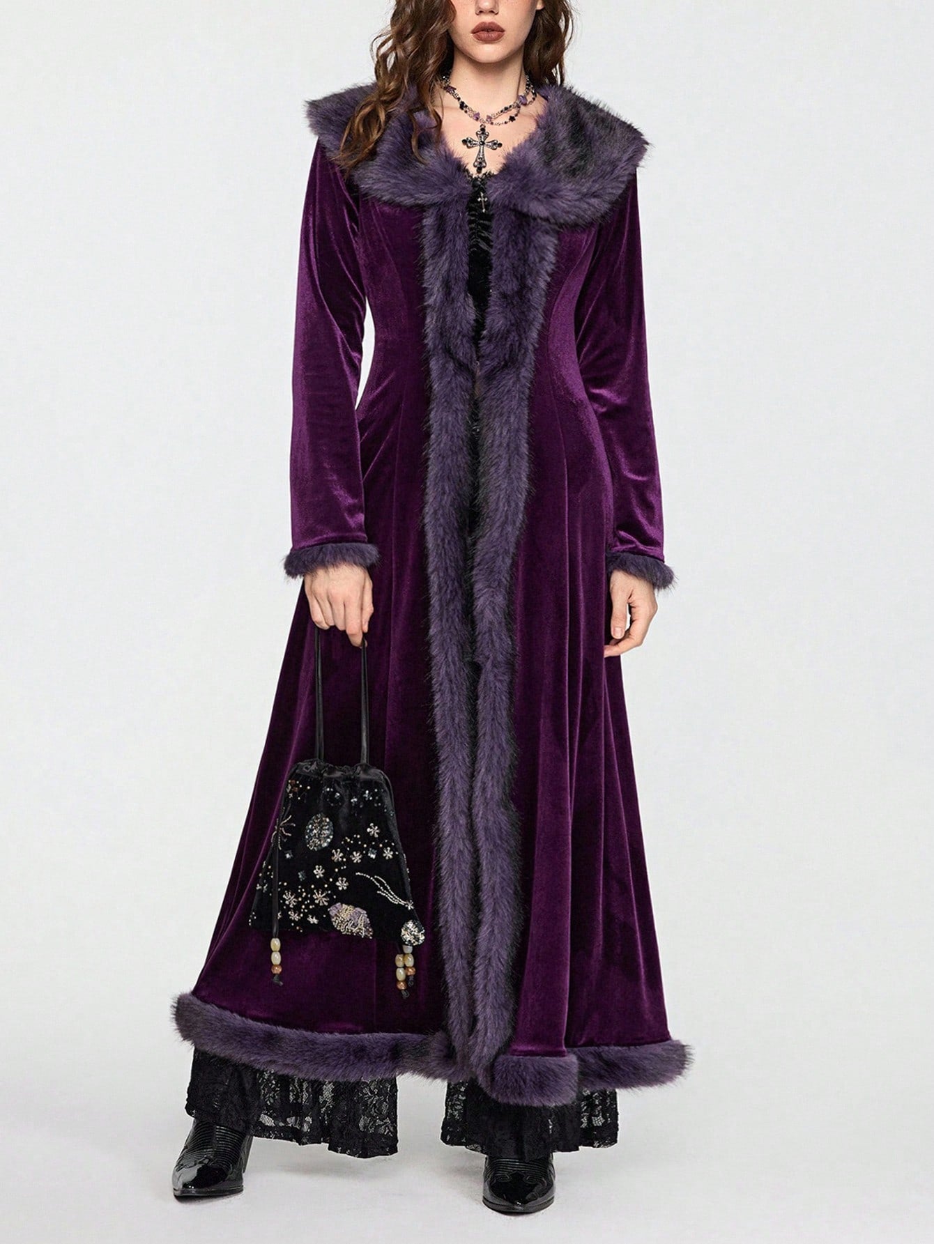 ROMWE Hippie Gothic Mysterious Dark Night Witch Style Vintage Plush Plush Patchwork Open Front Long Plus Size Women Cardigan Coat, Purple Maxi Length Plus Size Outerwear