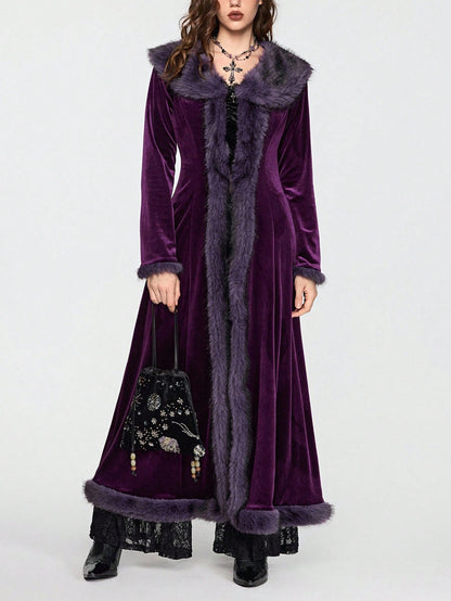 ROMWE Hippie Gothic Mysterious Dark Night Witch Style Vintage Plush Plush Patchwork Open Front Long Plus Size Women Cardigan Coat, Purple Maxi Length Plus Size Outerwear