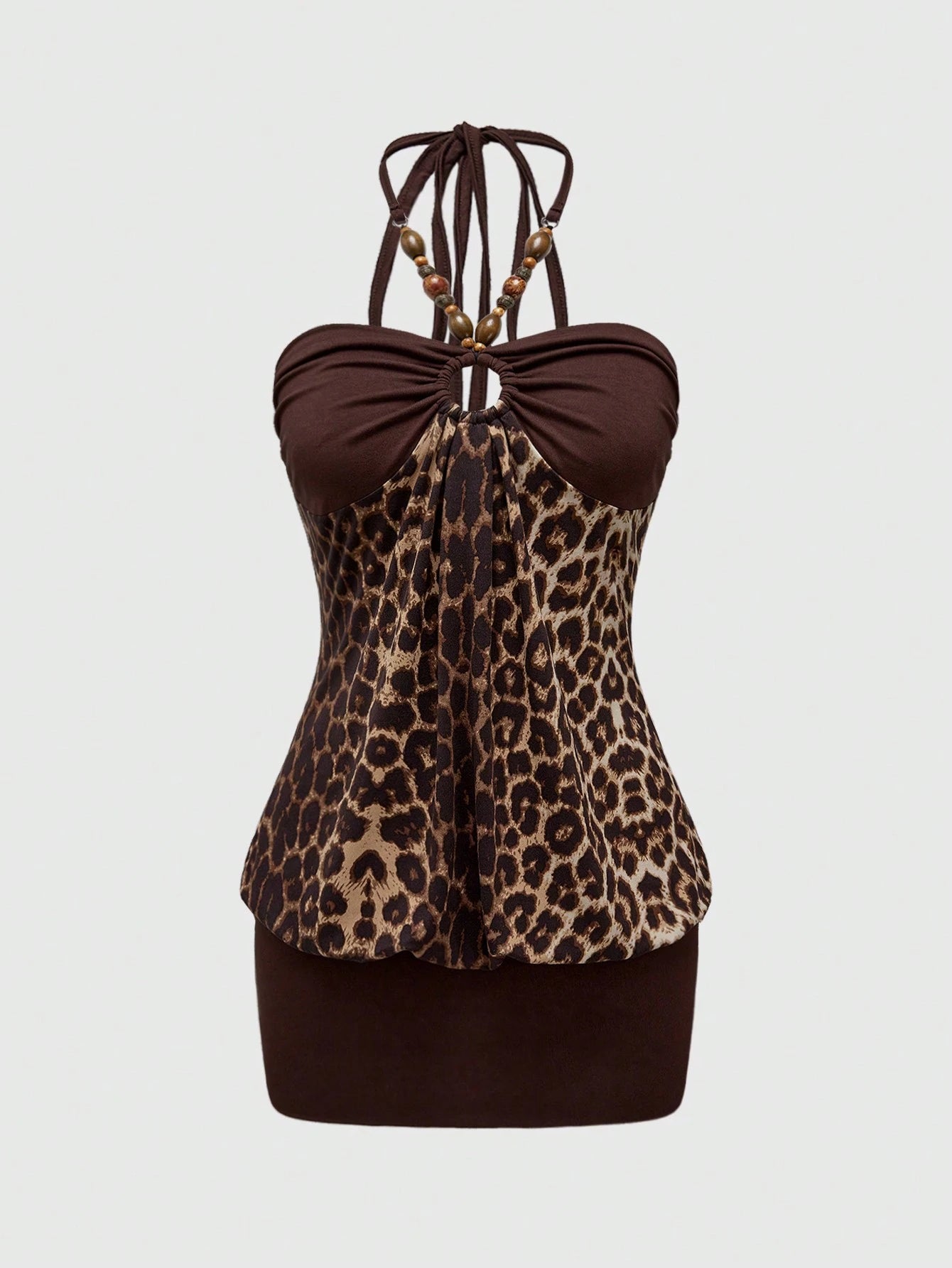 ROMWE Hippie Y2K Gyaru Retro Sexy Beaded Decor Patchwork Leopard Print Halter Bodycon Midi Dress For Women