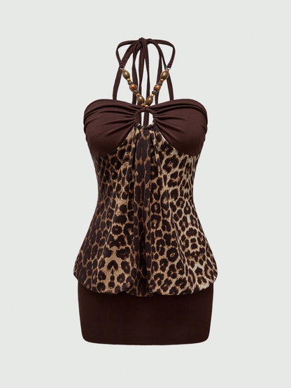 ROMWE Hippie Y2K Gyaru Retro Sexy Beaded Decor Patchwork Leopard Print Halter Bodycon Midi Dress For Women