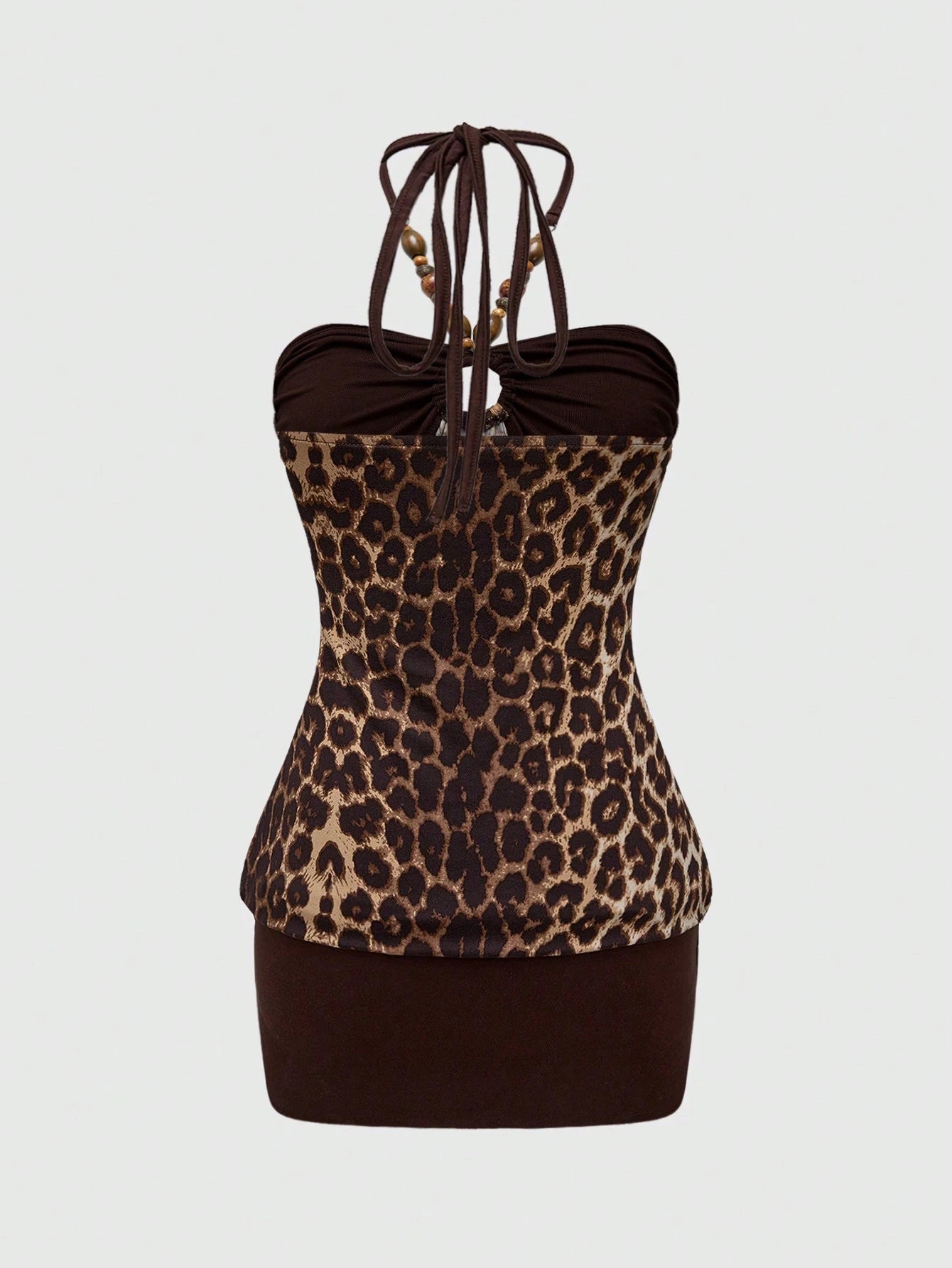 ROMWE Hippie Y2K Gyaru Retro Sexy Beaded Decor Patchwork Leopard Print Halter Bodycon Midi Dress For Women