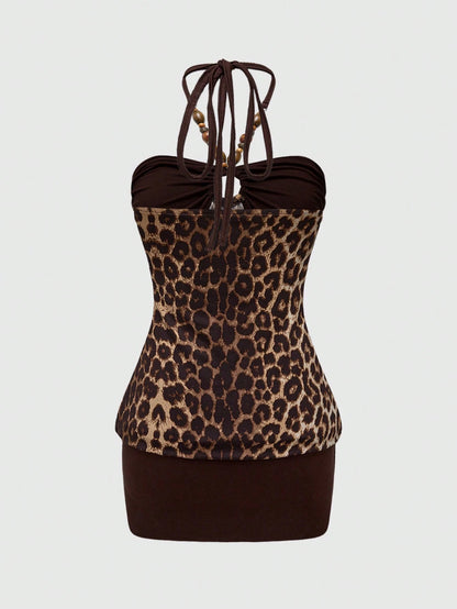 ROMWE Hippie Y2K Gyaru Retro Sexy Beaded Decor Patchwork Leopard Print Halter Bodycon Midi Dress For Women