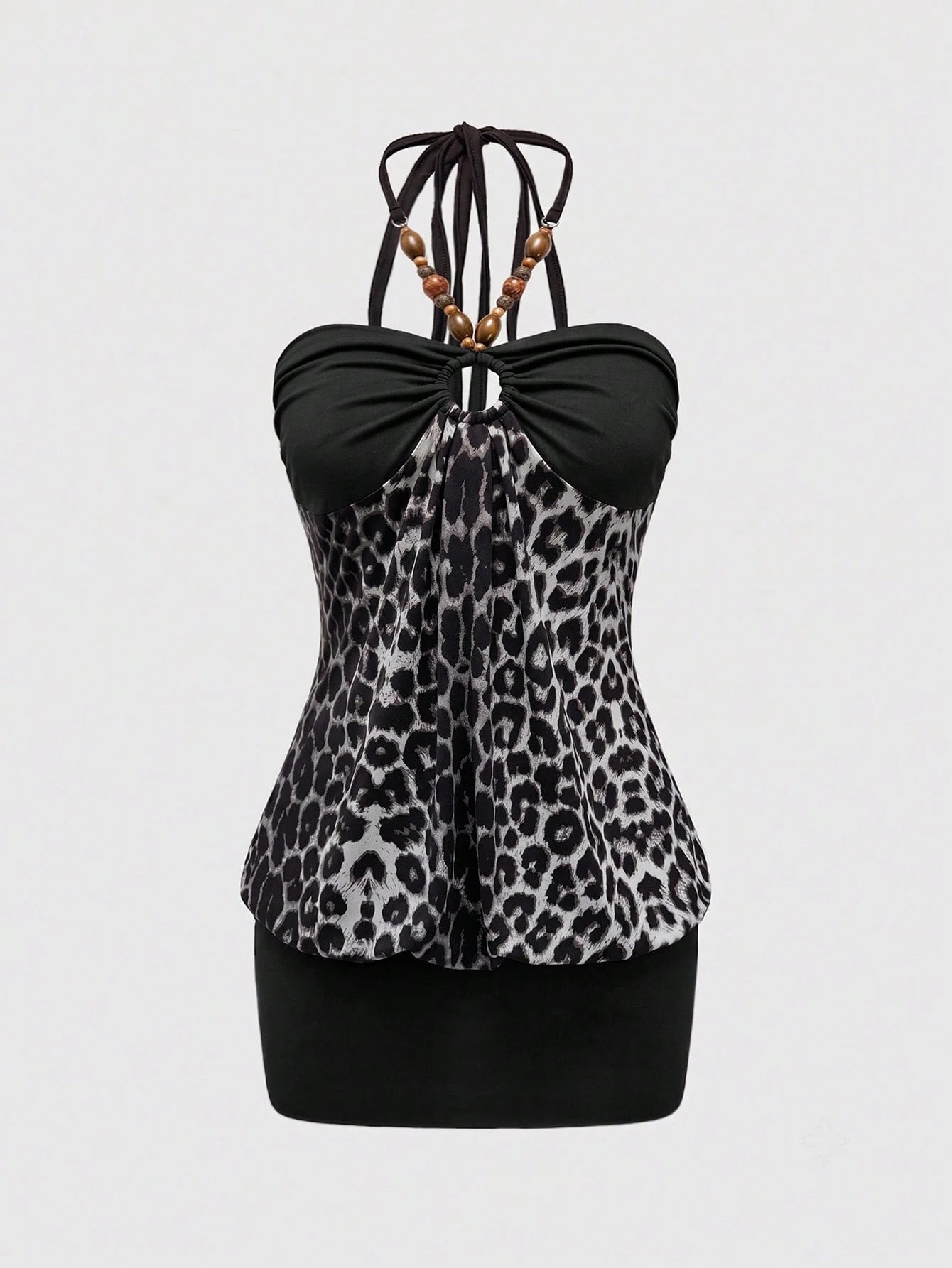 ROMWE Hippie Y2K Gyaru Retro Sexy Beaded Decor Patchwork Leopard Print Halter Bodycon Midi Dress For Women