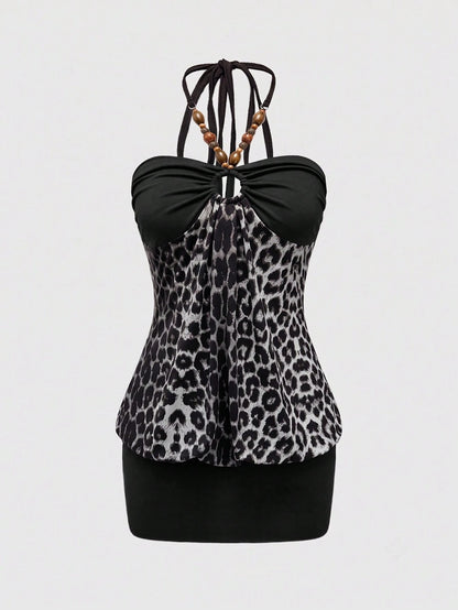 ROMWE Hippie Y2K Gyaru Retro Sexy Beaded Decor Patchwork Leopard Print Halter Bodycon Midi Dress For Women