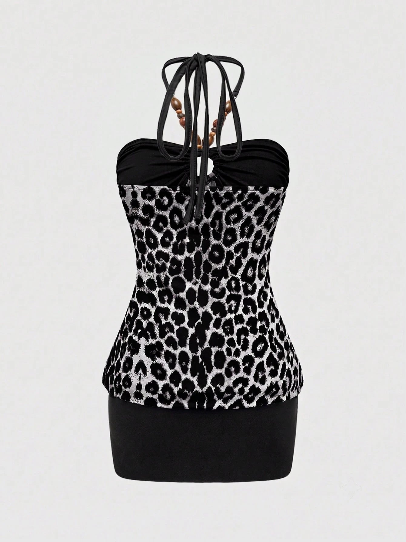 ROMWE Hippie Y2K Gyaru Retro Sexy Beaded Decor Patchwork Leopard Print Halter Bodycon Midi Dress For Women