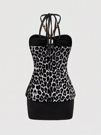 ROMWE Hippie Y2K Gyaru Retro Sexy Beaded Decor Patchwork Leopard Print Halter Bodycon Midi Dress For Women