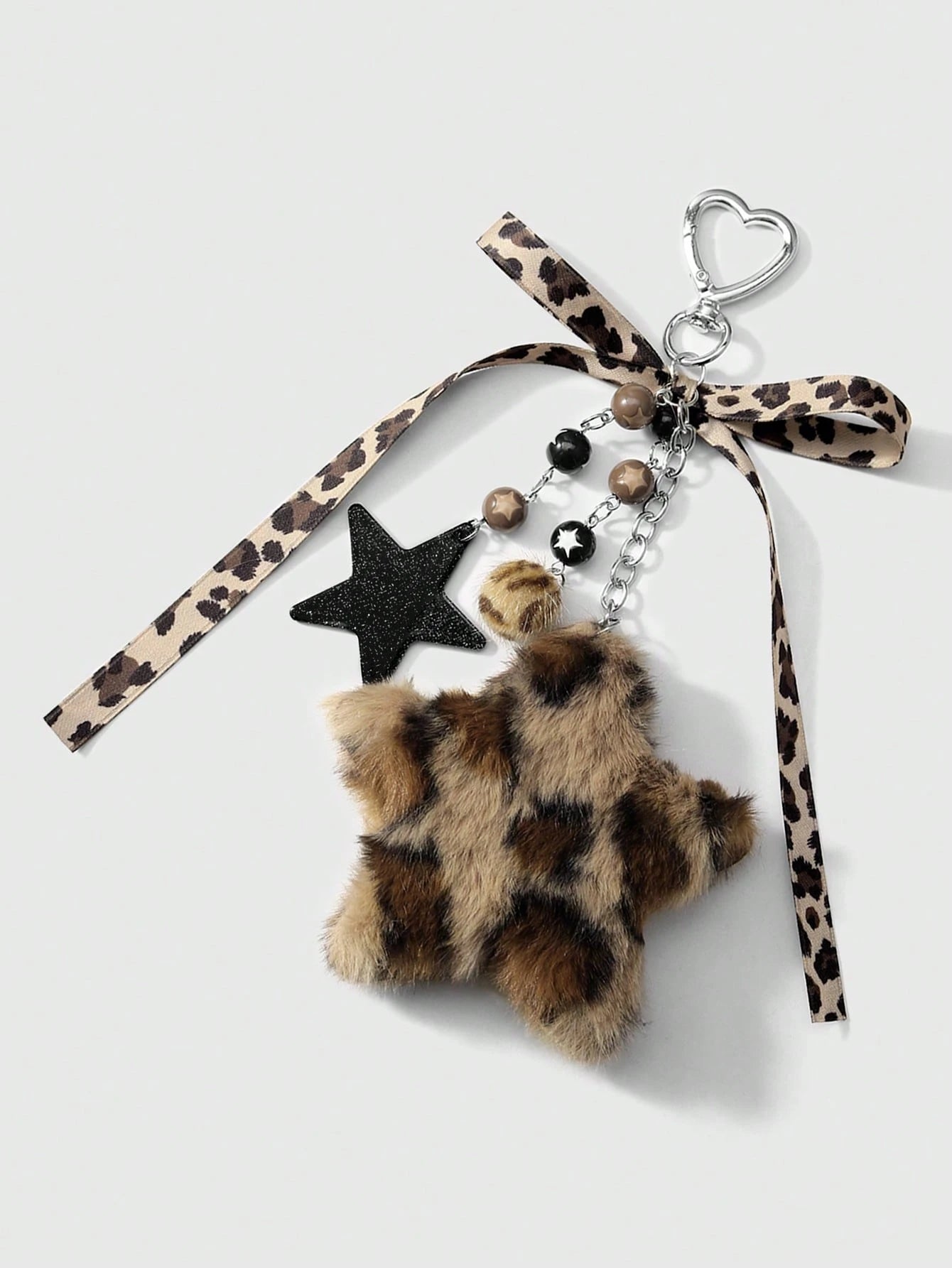 ROMWE Kawaii 1pc Fashionable Retro Personalized Acrylic Star Flower Brown Faux Fur Leopard Bow Heart DIY Keychain Bag Charm, Suitable For Women, Daily Wear, Holiday Gift