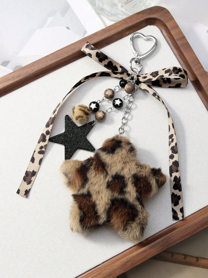 ROMWE Kawaii 1pc Fashionable Retro Personalized Acrylic Star Flower Brown Faux Fur Leopard Bow Heart DIY Keychain Bag Charm, Suitable For Women, Daily Wear, Holiday Gift