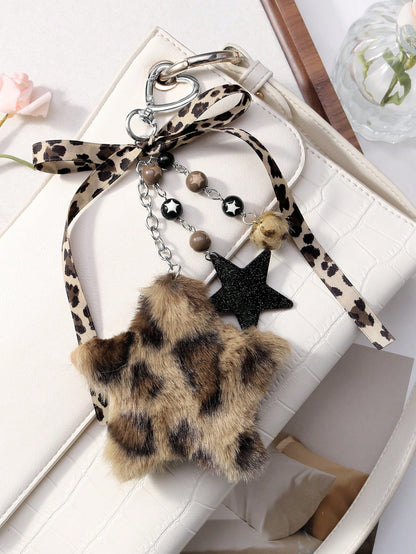 ROMWE Kawaii 1pc Fashionable Retro Personalized Acrylic Star Flower Brown Faux Fur Leopard Bow Heart DIY Keychain Bag Charm, Suitable For Women, Daily Wear, Holiday Gift