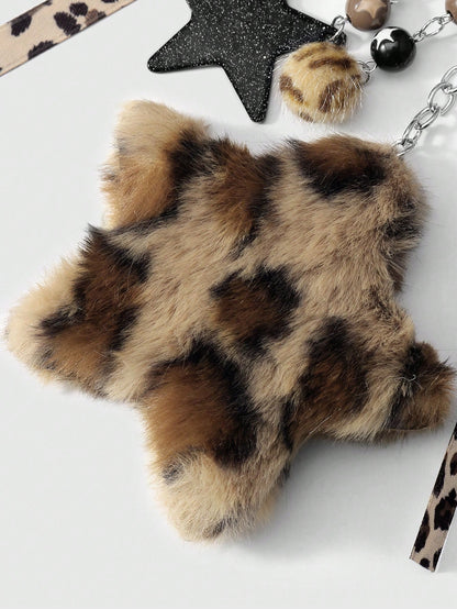 ROMWE Kawaii 1pc Fashionable Retro Personalized Acrylic Star Flower Brown Faux Fur Leopard Bow Heart DIY Keychain Bag Charm, Suitable For Women, Daily Wear, Holiday Gift