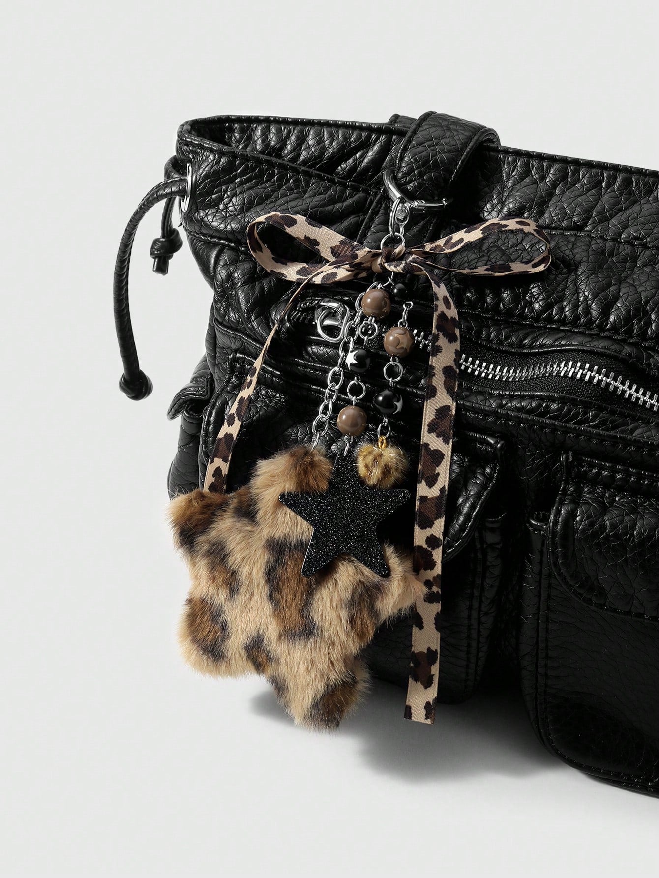 ROMWE Kawaii 1pc Fashionable Retro Personalized Acrylic Star Flower Brown Faux Fur Leopard Bow Heart DIY Keychain Bag Charm, Suitable For Women, Daily Wear, Holiday Gift