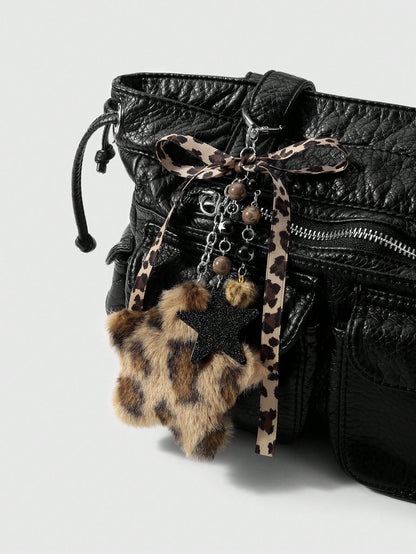 ROMWE Kawaii 1pc Fashionable Retro Personalized Acrylic Star Flower Brown Faux Fur Leopard Bow Heart DIY Keychain Bag Charm, Suitable For Women, Daily Wear, Holiday Gift