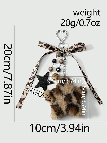 ROMWE Kawaii 1pc Fashionable Retro Personalized Acrylic Star Flower Brown Faux Fur Leopard Bow Heart DIY Keychain Bag Charm, Suitable For Women, Daily Wear, Holiday Gift