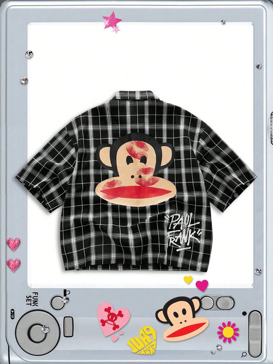 ROMWE MEN Paul Frank X ROMWE Spring/Summer Valentine 'Sday Casual Graphic White Men'S Plaid And Letter Graphic Button Front Summer Short Sleeve Shirt