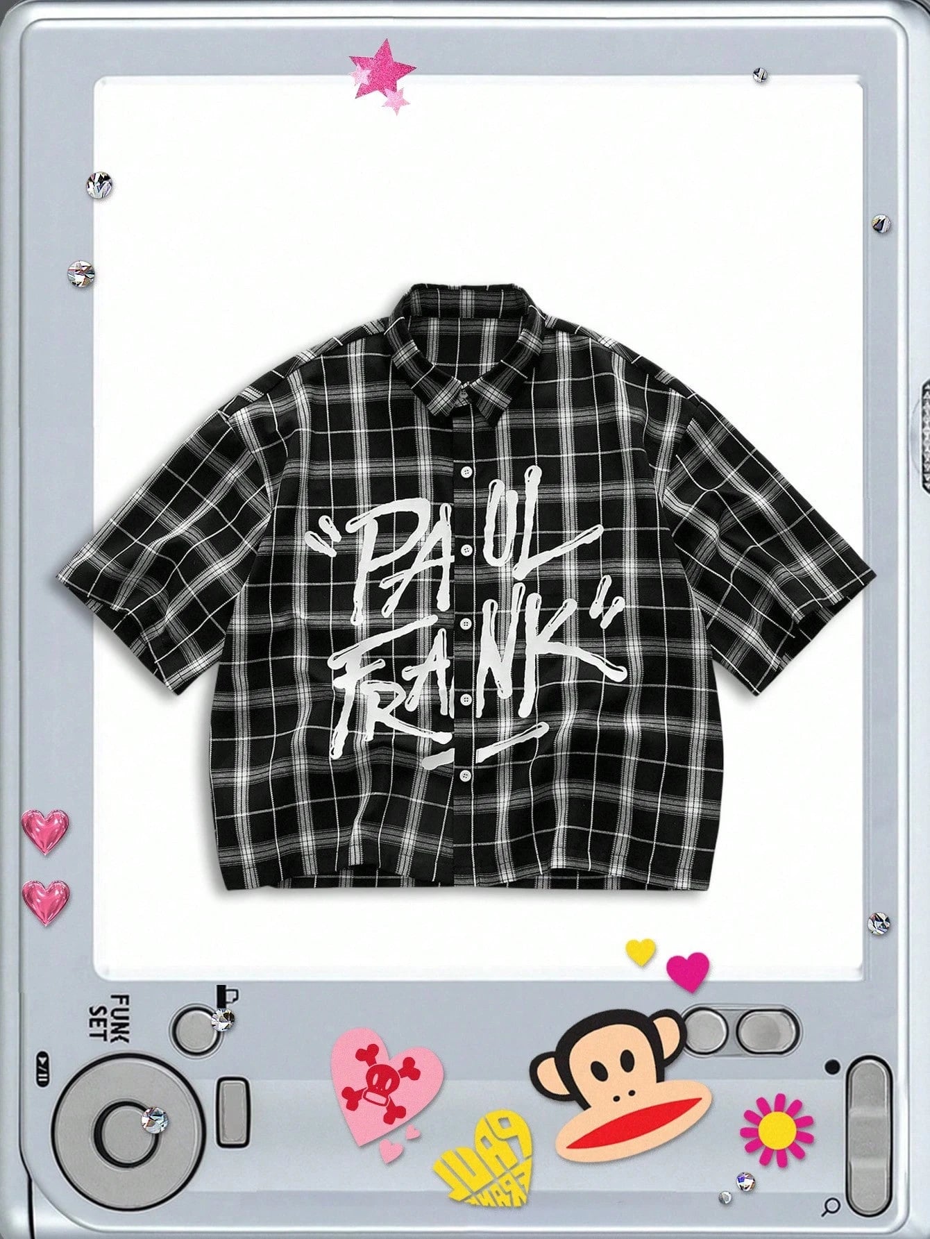 ROMWE MEN Paul Frank X ROMWE Spring/Summer Valentine 'Sday Casual Graphic White Men'S Plaid And Letter Graphic Button Front Summer Short Sleeve Shirt