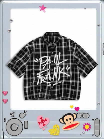 ROMWE MEN Paul Frank X ROMWE Spring/Summer Valentine 'Sday Casual Graphic White Men'S Plaid And Letter Graphic Button Front Summer Short Sleeve Shirt