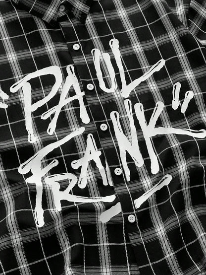 ROMWE MEN Paul Frank X ROMWE Spring/Summer Valentine 'Sday Casual Graphic White Men'S Plaid And Letter Graphic Button Front Summer Short Sleeve Shirt