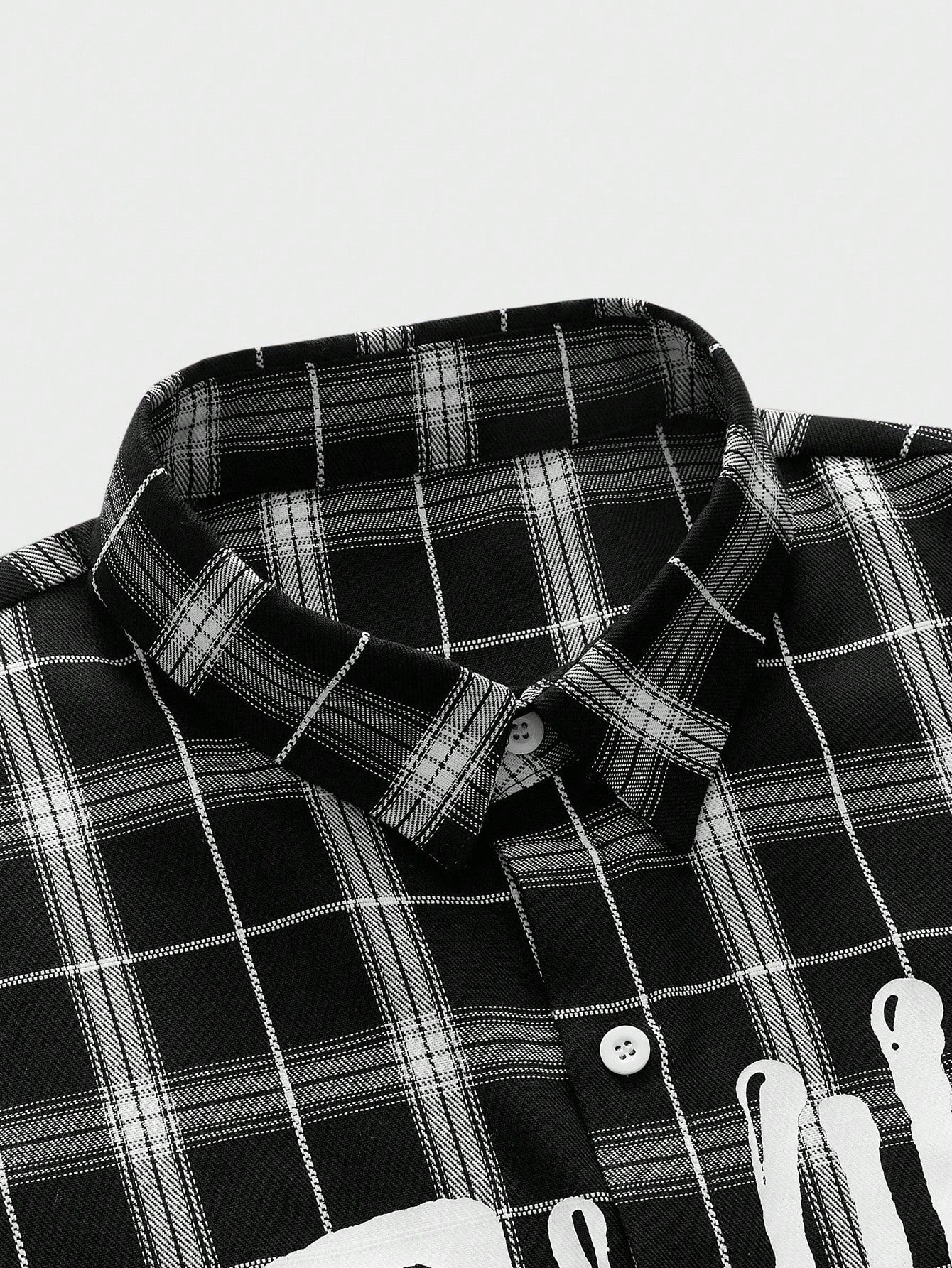 ROMWE MEN Paul Frank X ROMWE Spring/Summer Valentine 'Sday Casual Graphic White Men'S Plaid And Letter Graphic Button Front Summer Short Sleeve Shirt