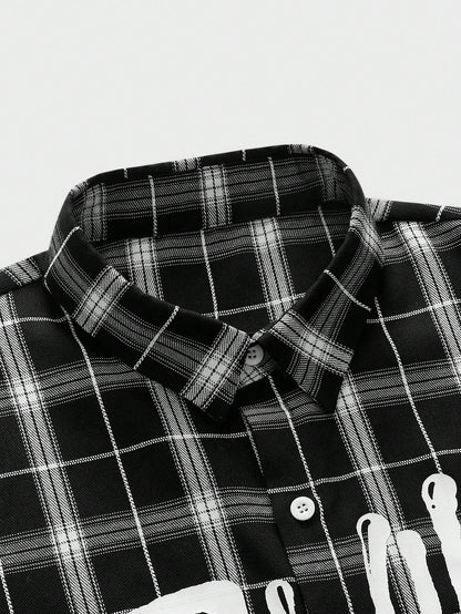 ROMWE MEN Paul Frank X ROMWE Spring/Summer Valentine 'Sday Casual Graphic White Men'S Plaid And Letter Graphic Button Front Summer Short Sleeve Shirt